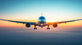Airplane flying at sunset